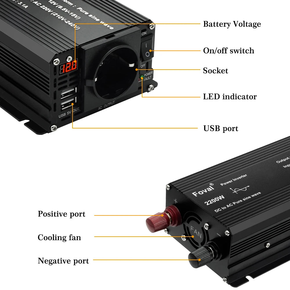 Inversor de onda sinusoidal pura DC 12V a AC 220V 230V 1500W/2200W/2600W/3000W convertidor de transferencia de voltaje enchufe de la UE accesorios para automóviles