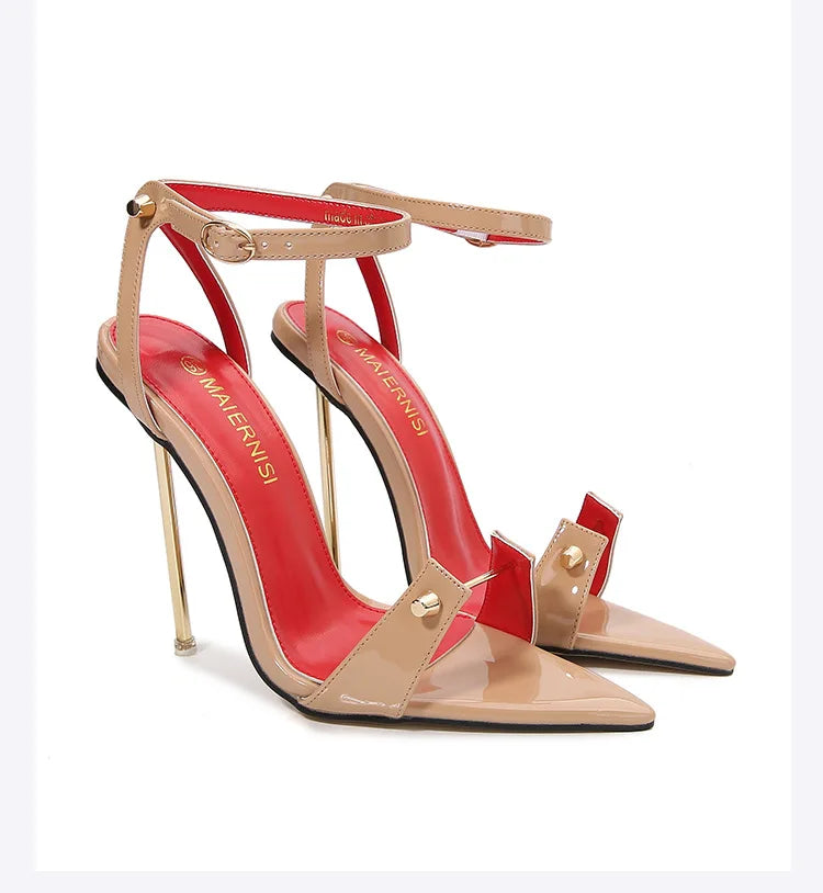Sandalias de tacón alto con punta estrecha y decoración de Metal para mujer, zapatos de tacón súper alto con correa y hebilla de PU, zapatos de tacón para actuación en escenario de 12cm
