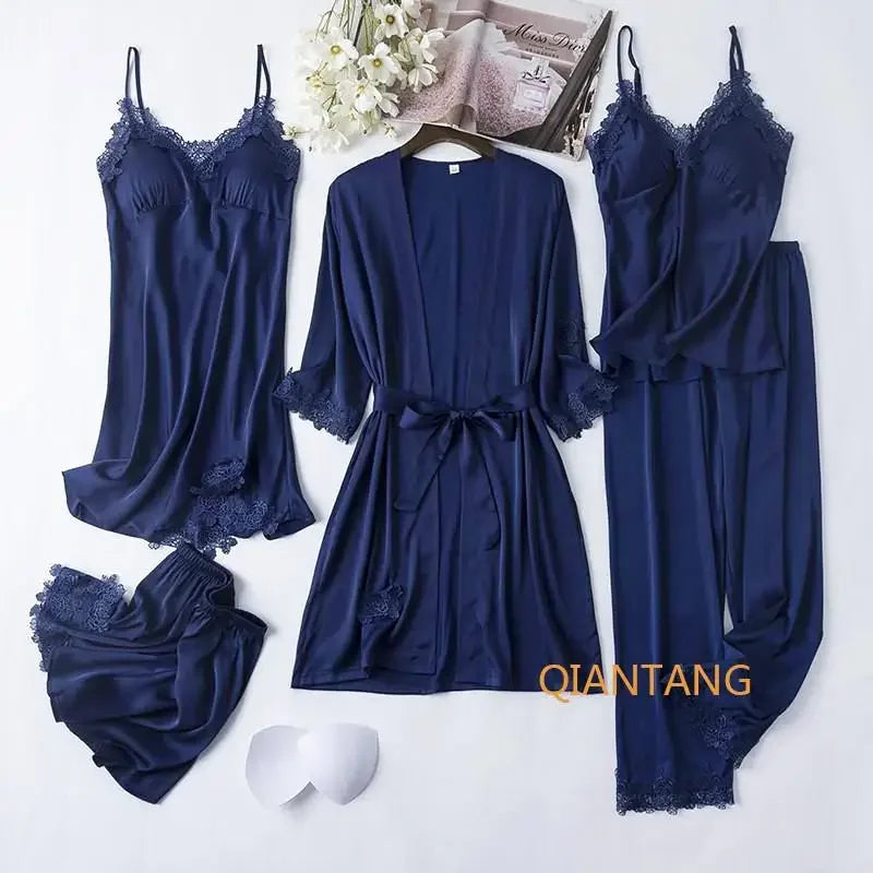 Conjunto de pijama de seda blanca para mujer, bata de boda de 5 piezas, camisón Sexy de encaje, ropa de dormir, Kimono, albornoz, lencería
