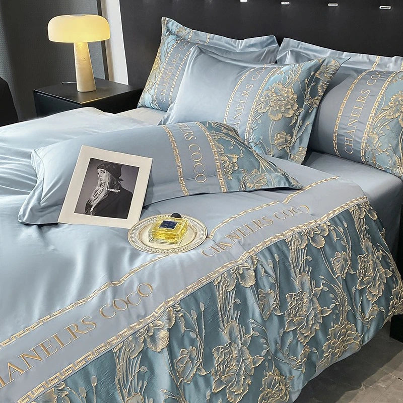 Juego de cama europeo de alta gama, juego de cuatro piezas de algodón de lujo, funda de edredón bordada de algodón, sábanas, sombreros, ropa de cama para personas mayores
