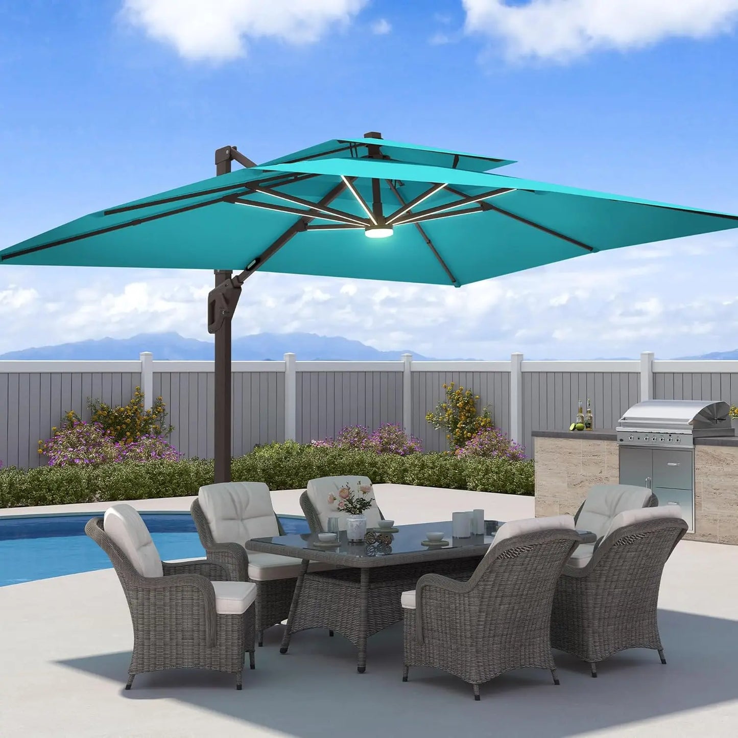 Sombrilla de Patio de 9x12 Pies con Luces LED, Sombrilla Rectangular Grande y Resistente de Aluminio para Exteriores, Personalizable
