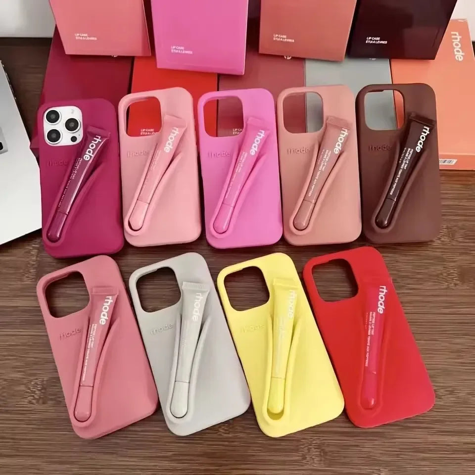 Maquillaje Rhode con caja, soporte para lápiz labial, funda de teléfono para IPhone17 Air 11 12 13 14 15 16 Pro Max Plus, funda suave de silicona para brillo de labios