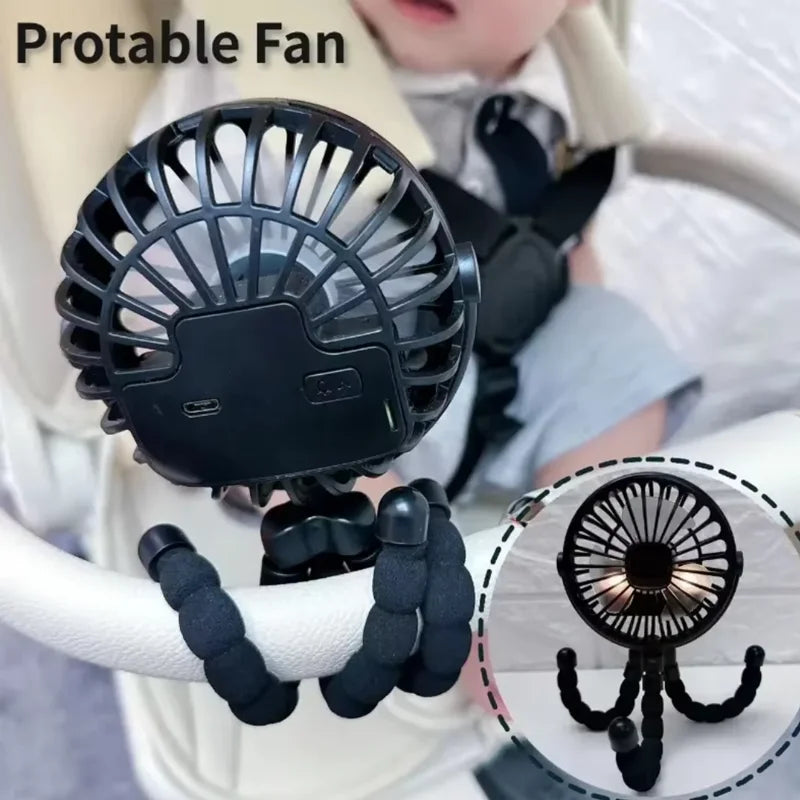 Ventilador Portátil con Trípode Ajustable, Rotación de 360 Grados, Ventilador Eléctrico de Bajo Ruido para Cochecito de Bebé, Carga USB, Apto para Uso en Exteriores