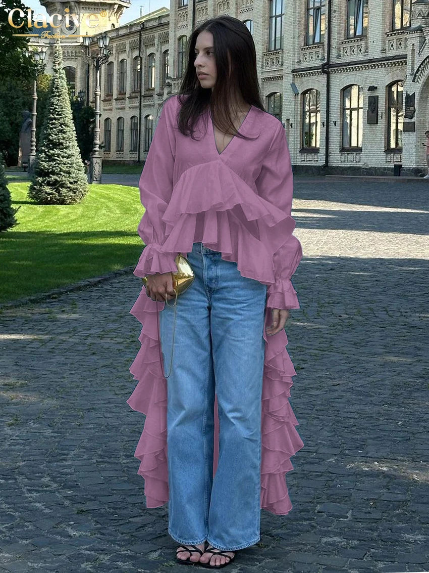 Clacive-Camiseta blanca holgada para mujer, camisas de manga larga con cuello en V a la moda, Top Irregular con volantes elegantes, ropa femenina 2025