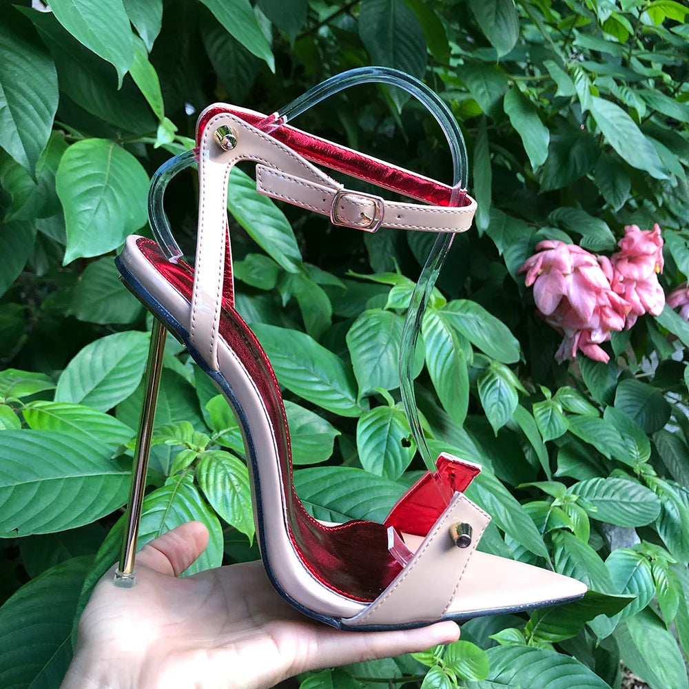 Zapatos de tacón de aguja para mujer, tacones altos de Metal de 12cm, sandalias sexis con correa en el tobillo y punta puntiaguda, modelo fetiche SM Man Drag Queen, zapatos Unisex