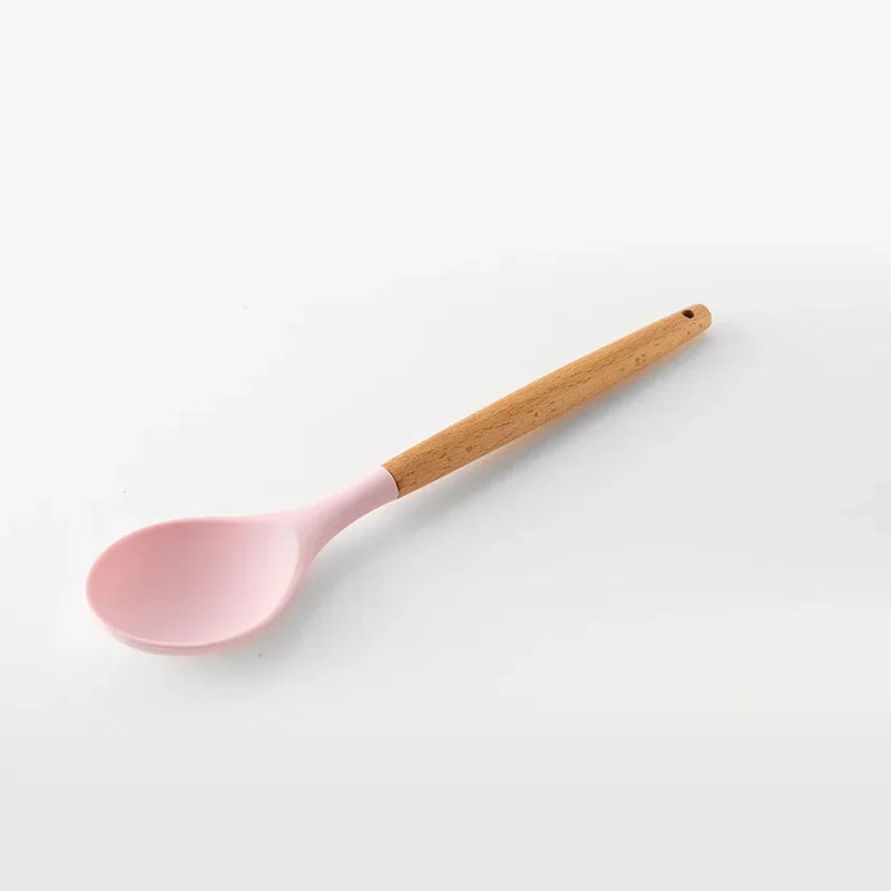 Utensilios de cocina de silicona con mango multifunción de madera, espátula antiadherente, cucharón, batidor de huevos, pala, rosa, nuevo