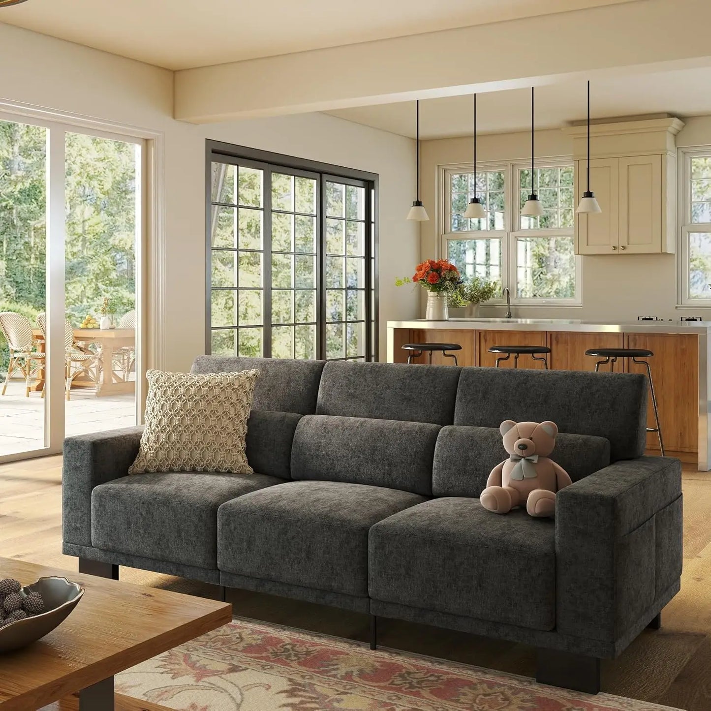 Sofá Moderno de 3 Plazas de 89 Pulgadas, Tapizado en Chenilla, con Reposabrazos Anchos y Cojines Profundos, para Sala de Estar, Dormitorio o Apartamento, Color Gris Oscuro, Personalizable