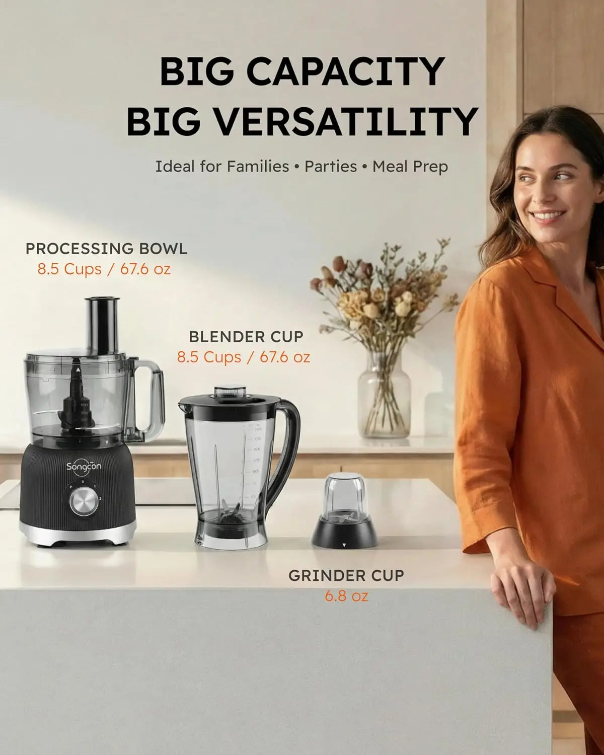 Licuadora y procesador de alimentos combinados para cocina, picadora de verduras de 600W con 2 recipientes de 8 tazas, picadora de alimentos 11 en 1