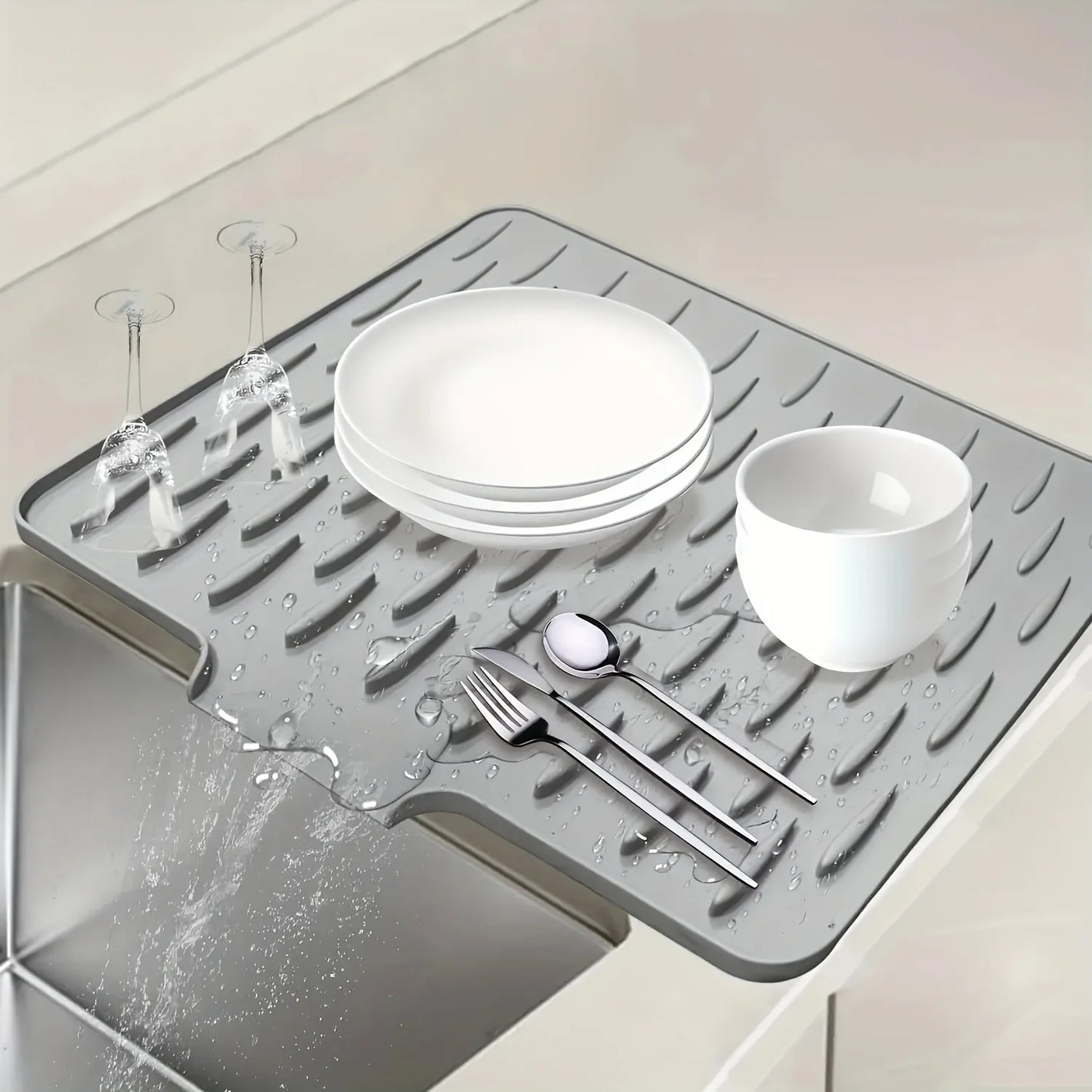 Estera de drenaje de silicona para cocina con diseño de drenaje incorporado, fácil de limpiar, adecuada para encimeras, fregaderos y refrigeradores