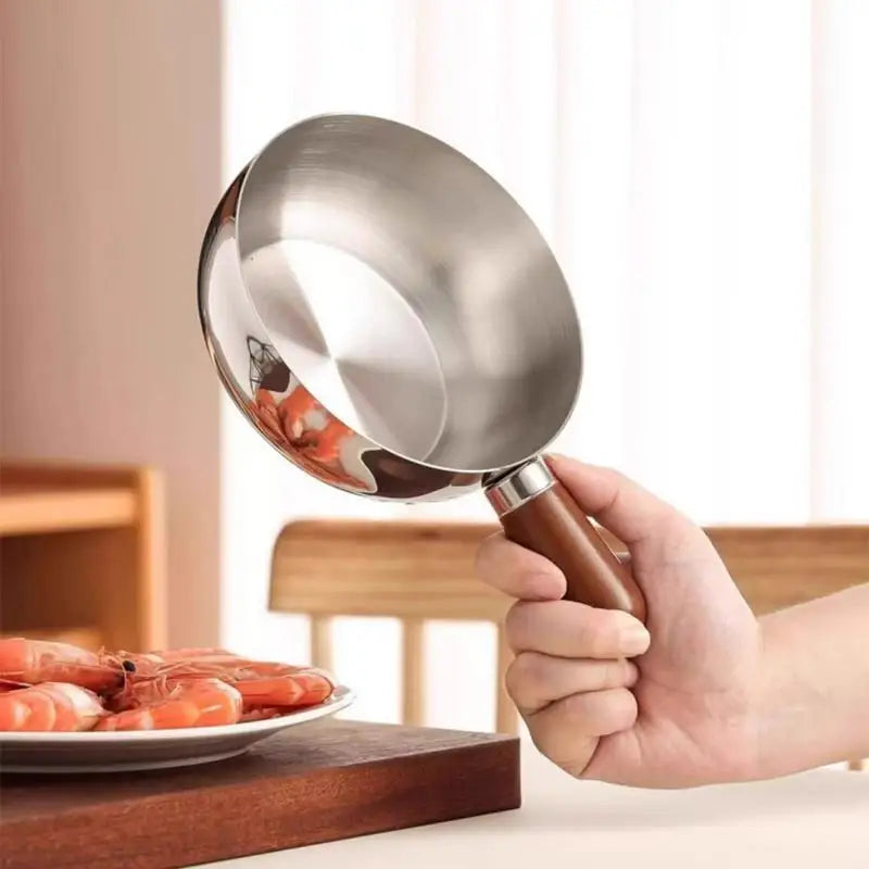 【A】Sartenes de cocina de acero inoxidable de 17 cm/14 cm con mango de madera y tapa de vidrio - Ollas pequeñas multiusos para fideos y huevos