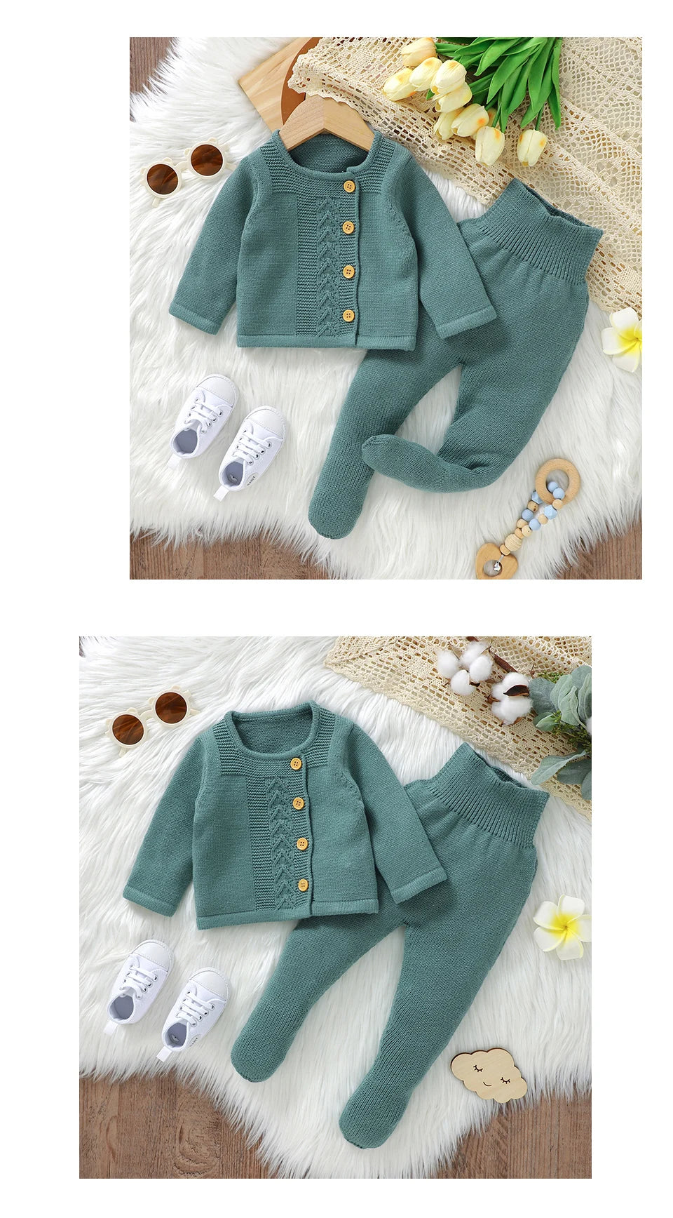 Conjuntos de ropa para niñas pequeñas, suéteres lisos de manga larga, cárdigans y pantalones, trajes tejidos para recién nacidos de 0 a 9m, chándales de 2 uds.