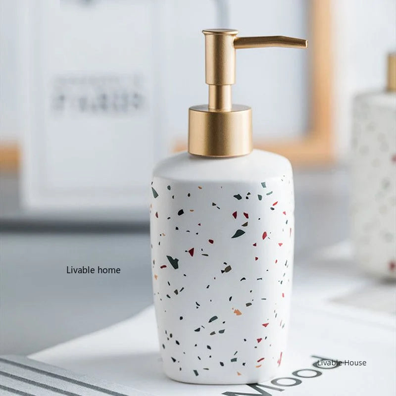 Dispensadores de jabón portátiles de cerámica, botella de líquido para lavar las manos, botella de loción con patrón de terrazo, botella de jabón, dispensadores de jabón para Baño