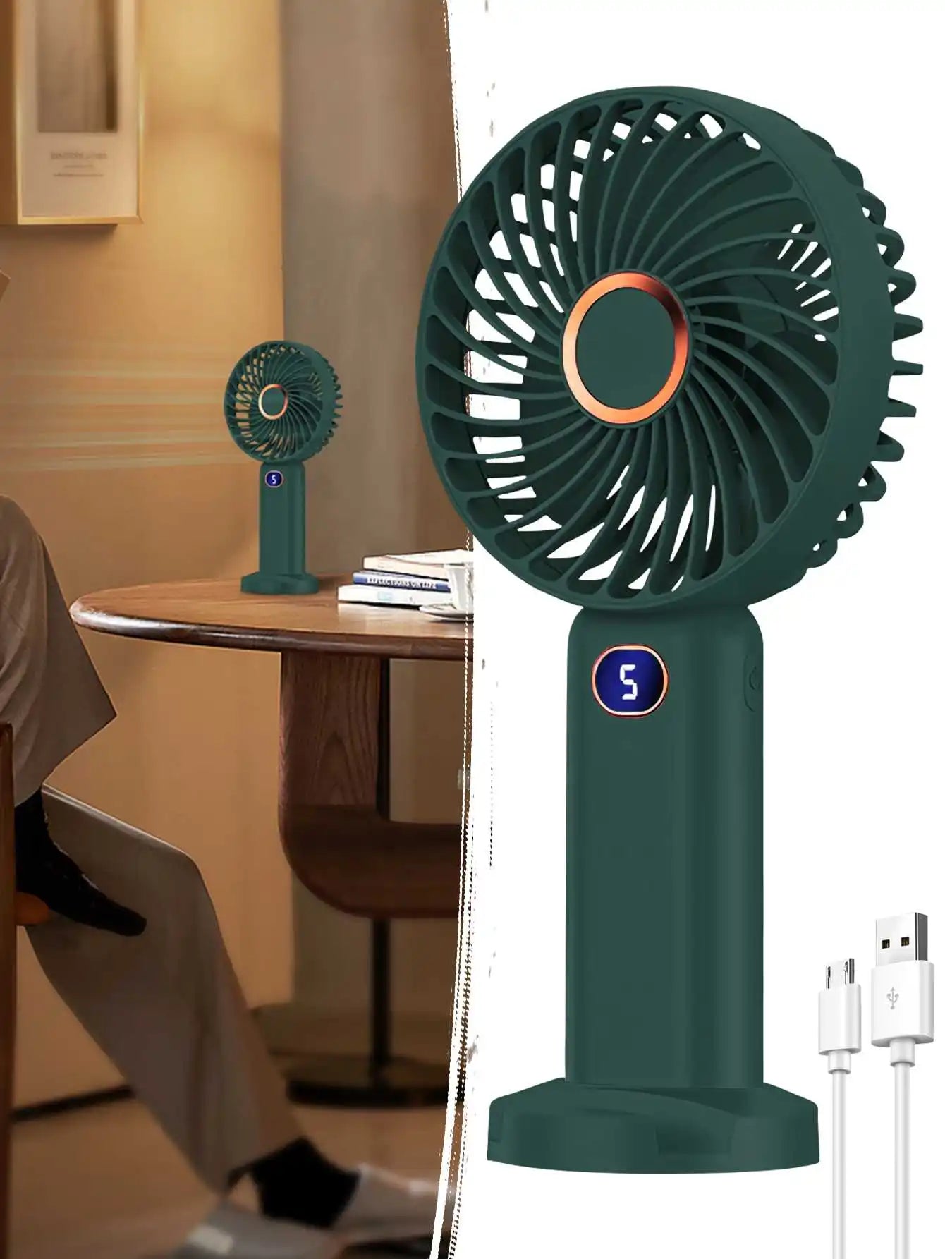 Ventilador portátil de mano, miniventilador recargable por USB, pantalla Digital, ajuste de 5 velocidades, adecuado para viajes, exteriores, oficina y hogar