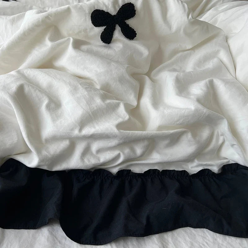 Juego de cama de algodón con lazo negro, funda nórdica suave y agradable para la piel estilo princesa para niña, sábana o funda de almohada para falda de cama