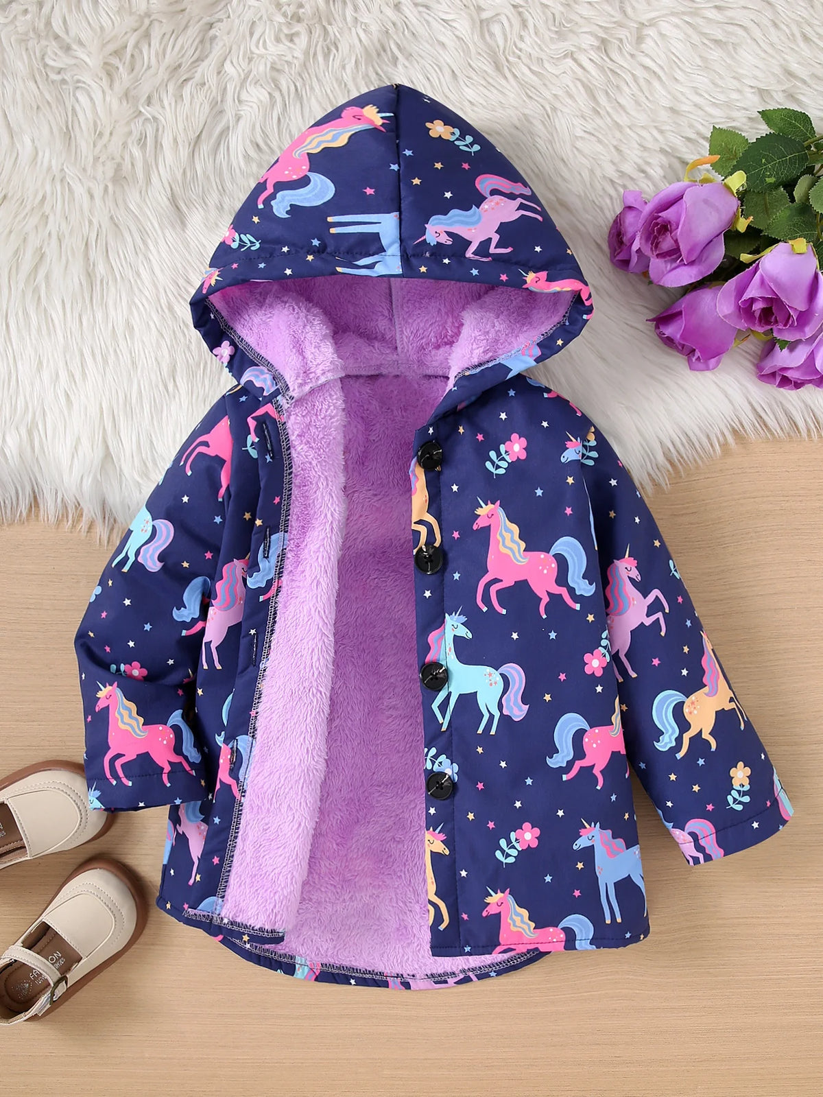 Chaqueta con capucha estampada colorida para niña, cálida y resistente al frío, de lana, para salidas informales, chaqueta de longitud media a larga, Otoño/Invierno