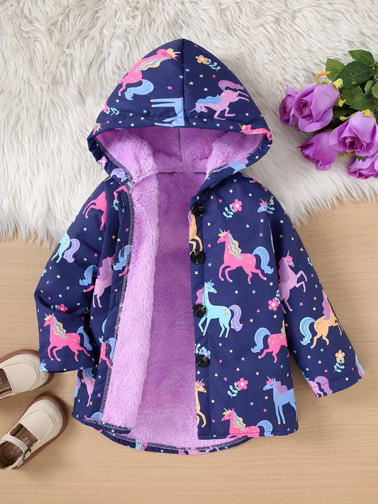 Chaqueta con capucha estampada colorida para niña, cálida y resistente al frío, de lana, para salidas informales, chaqueta de longitud media a larga, Otoño/Invierno