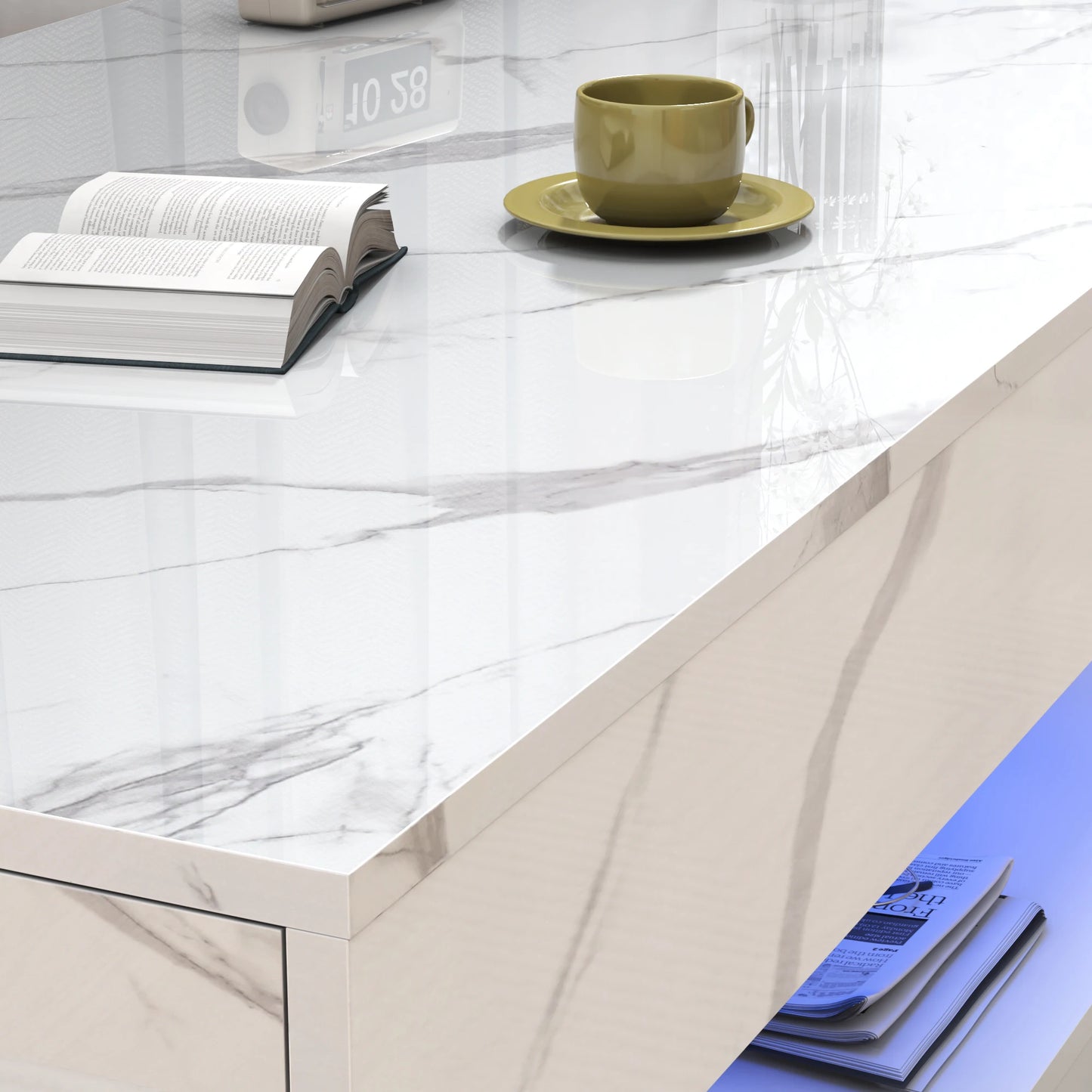 Mesa de Centro Moderna y Elegante con Luces LED, Diseño de Doble Capa para Sala de Estar con 2 Cajones de Almacenamiento