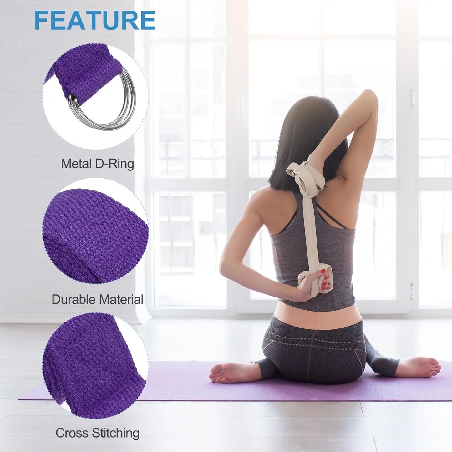Correa de Yoga de 183x3,8 cm, cinturón de Yoga de algodón para ejercicio, hebilla de anillo en D elástica tejida ajustable, bandas de estiramiento para Fitness, cuerda de Pilates
