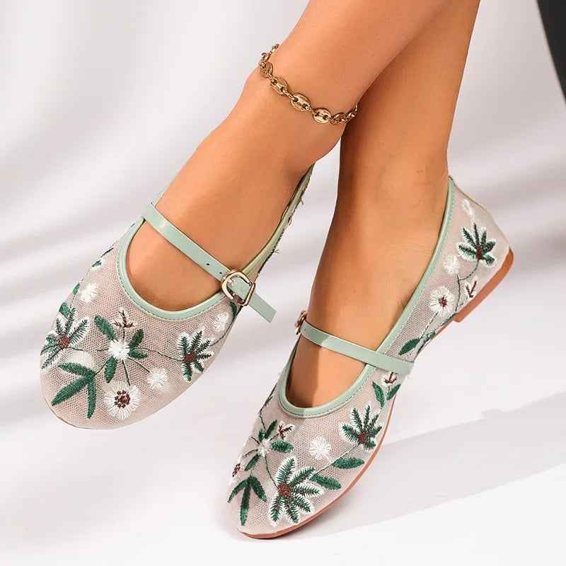 Zapatos Mary Jane de malla con bordado floral de primavera para mujer, zapatos con correa y hebilla concisa, zapatos de suela suave, zapatos planos de ballet transpirables para mujer