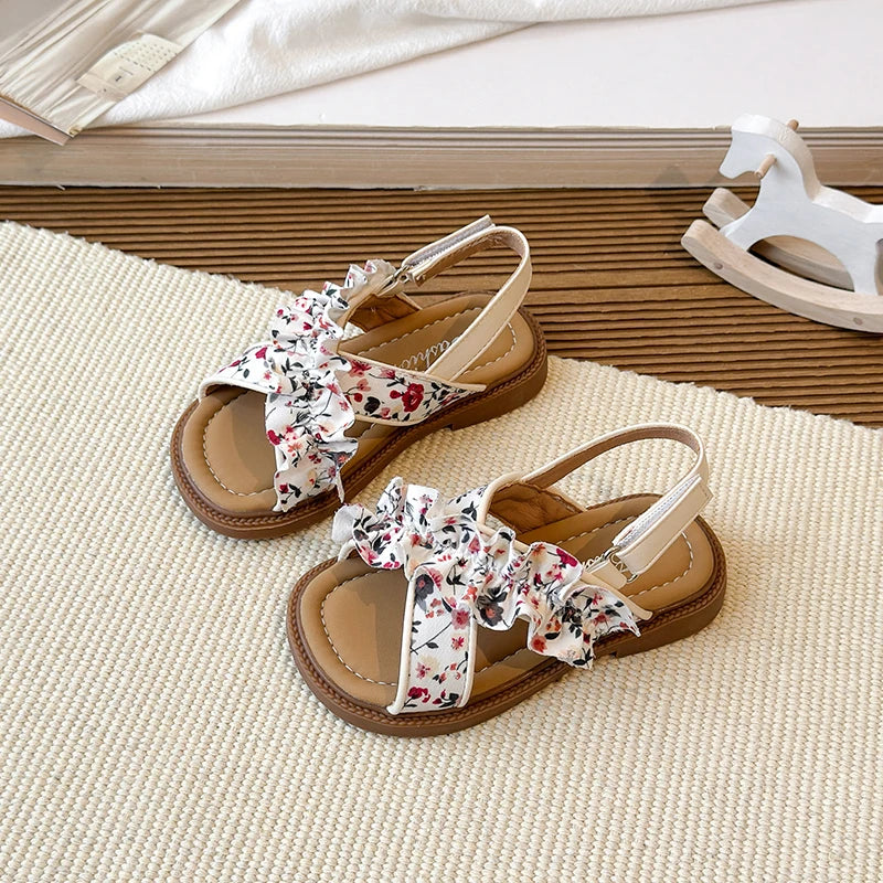 Sandalias de verano para niña, con punta abierta, con gancho y lazo, elegantes, zapatos planos para niños, colores sólidos, ligeros, cómodos, informales, para uso diario, zapatos para niños 23-33