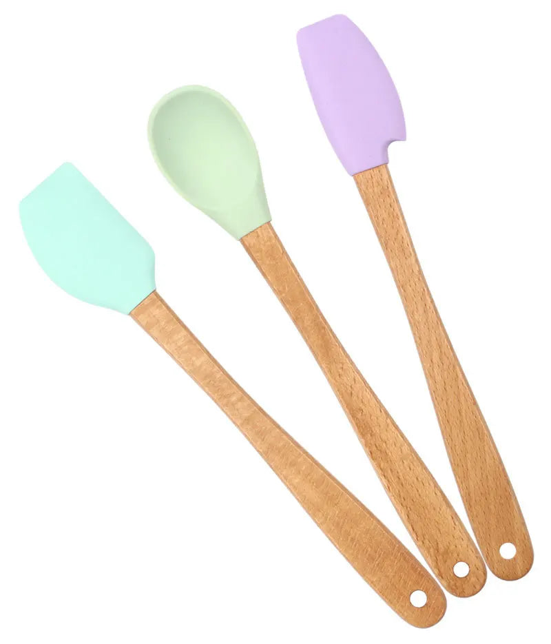 Juego de utensilios de cocina de silicona con mango de madera, 5 uds., raspador, cepillo, cuchara, herramientas para hornear para niños