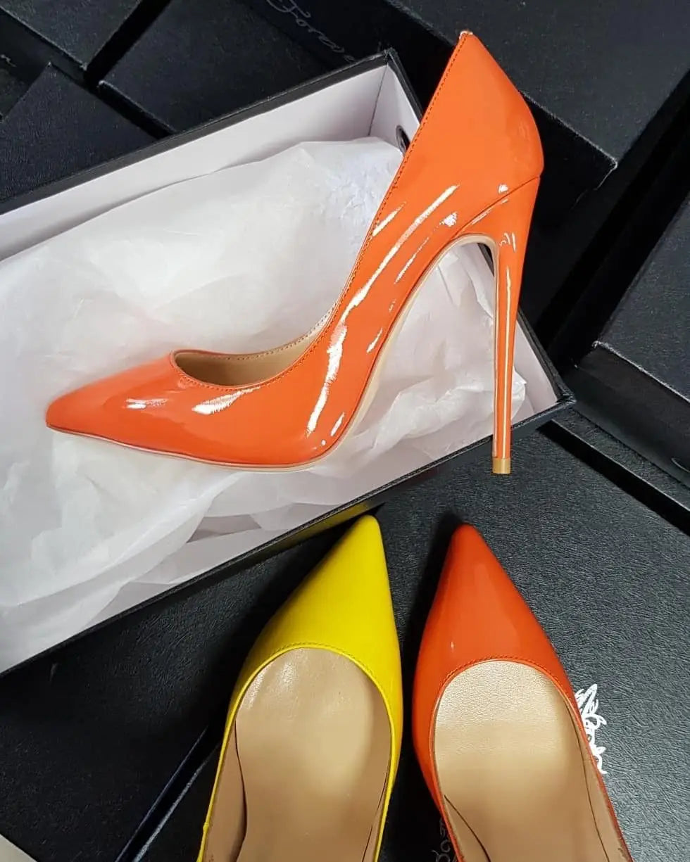 Zapatos de tacón alto sexis con punta estrecha de charol para mujer, tacones de aguja de talla grande, zapatos de tacón coloridos poco profundos y elegantes, zapatos de fiesta de diseñador de lujo