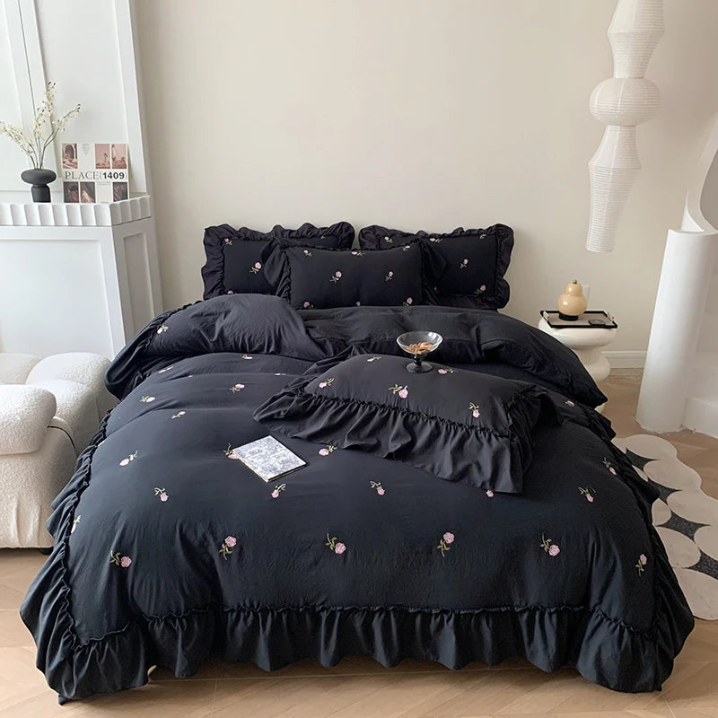 Juego de funda nórdica bordada con rosas de 3 piezas (1 funda nórdica + 2 fundas de almohada, sin núcleo), juego de cama de encaje estilo princesa