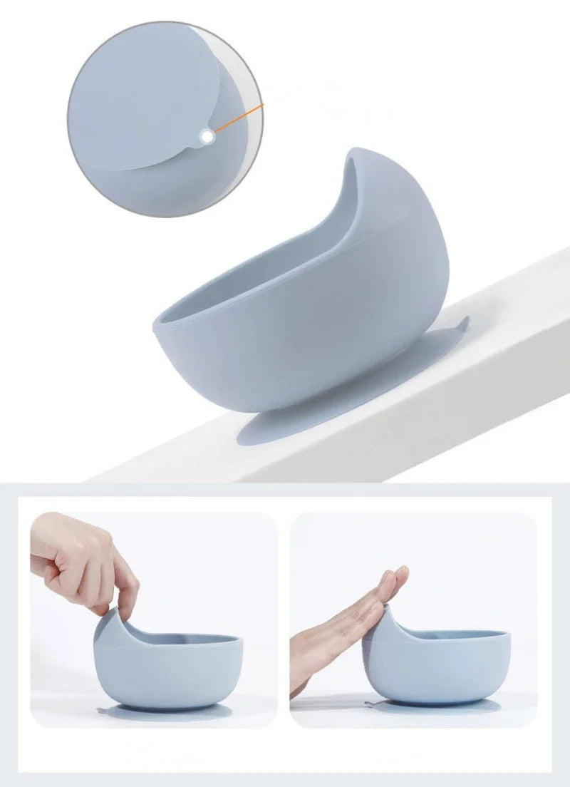 Juego de platos de silicona de grado alimenticio para niños, tazón de alimentación de bebé, plato de succión, taza de paja, cuchara de madera, tenedor, vajilla para niños, platos para niños pequeños