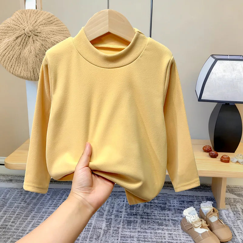 Top cálido de invierno para bebés, camiseta de manga larga con cuello medio alto y parte inferior de Color sólido interior de terciopelo para niños y niñas, ropa para niños