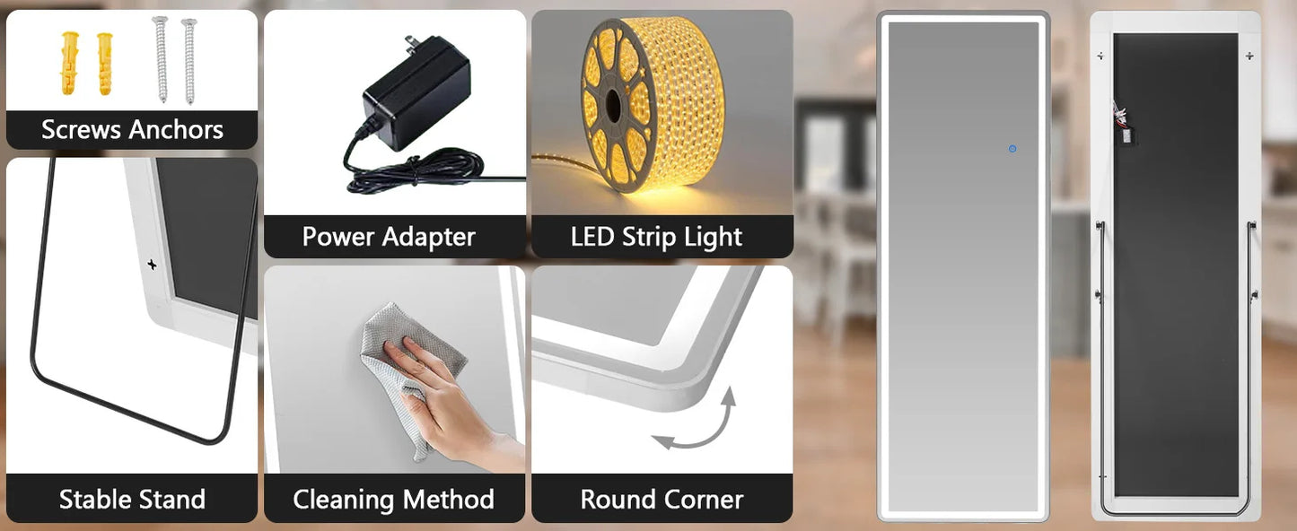 Espejos JHK con luces LED de longitud completa de 64"x21", espejos de pie o para colgar en la pared con soporte, marco de aleación de aluminio para el hogar