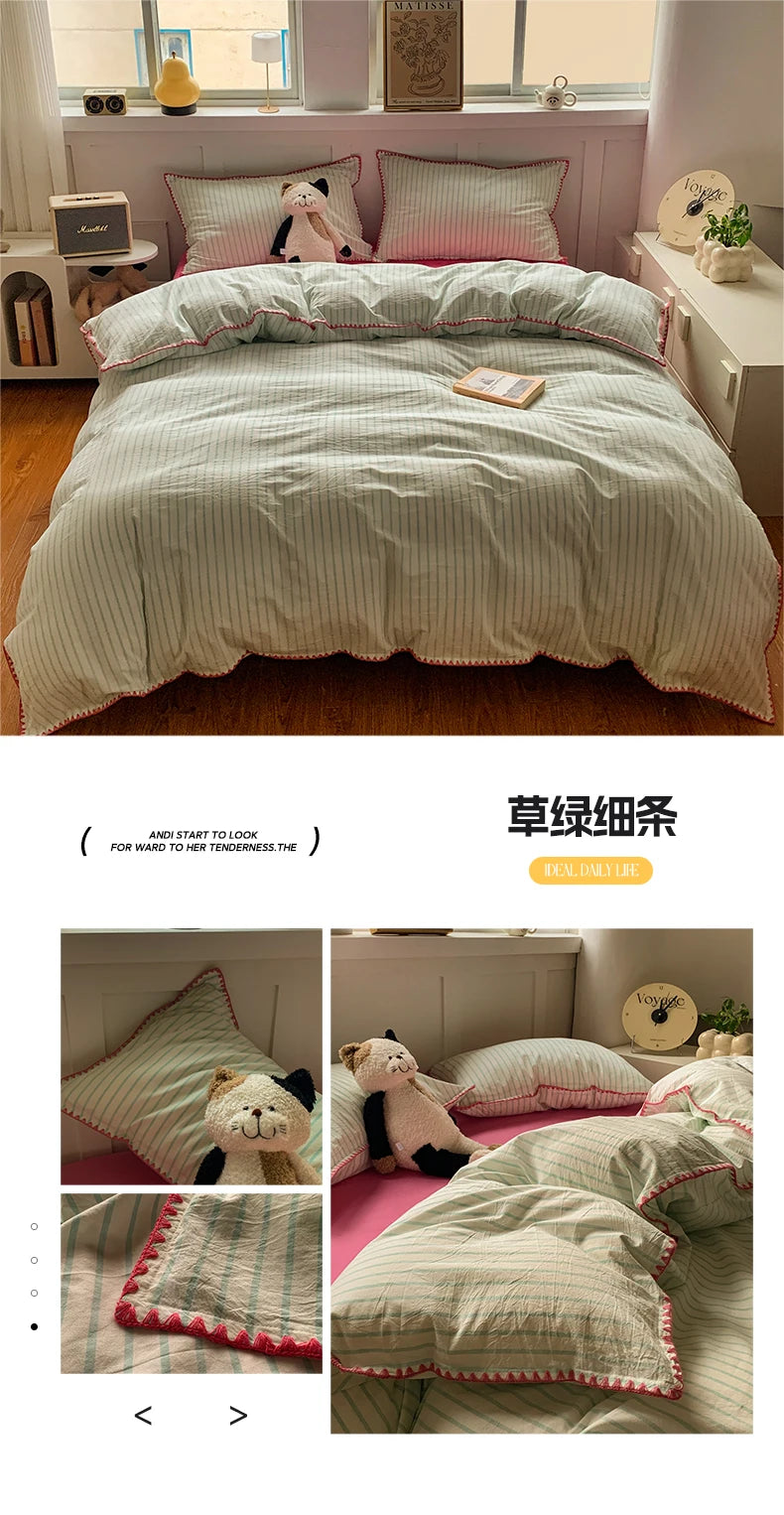 Juego de cama 100% de algodón a rayas, funda nórdica con funda de almohada, funda de edredón, tamaño King