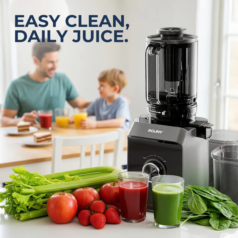 ROUNY Exprimidor lento, extractor de prensa en frío con sin filtro, máquina exprimidora de frutas eléctrica de fácil limpieza con gran calibre, negro