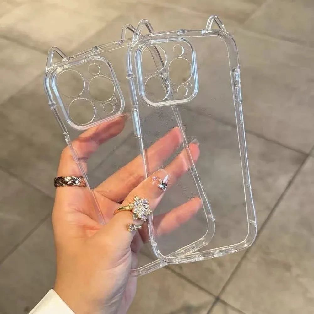 Funda Transparente con Orejas de Gato para iPhone 17 12 13 14 15 16 E Pro Max 11 7 Xr X Xs Max, Carcasa Protectora Antigolpes