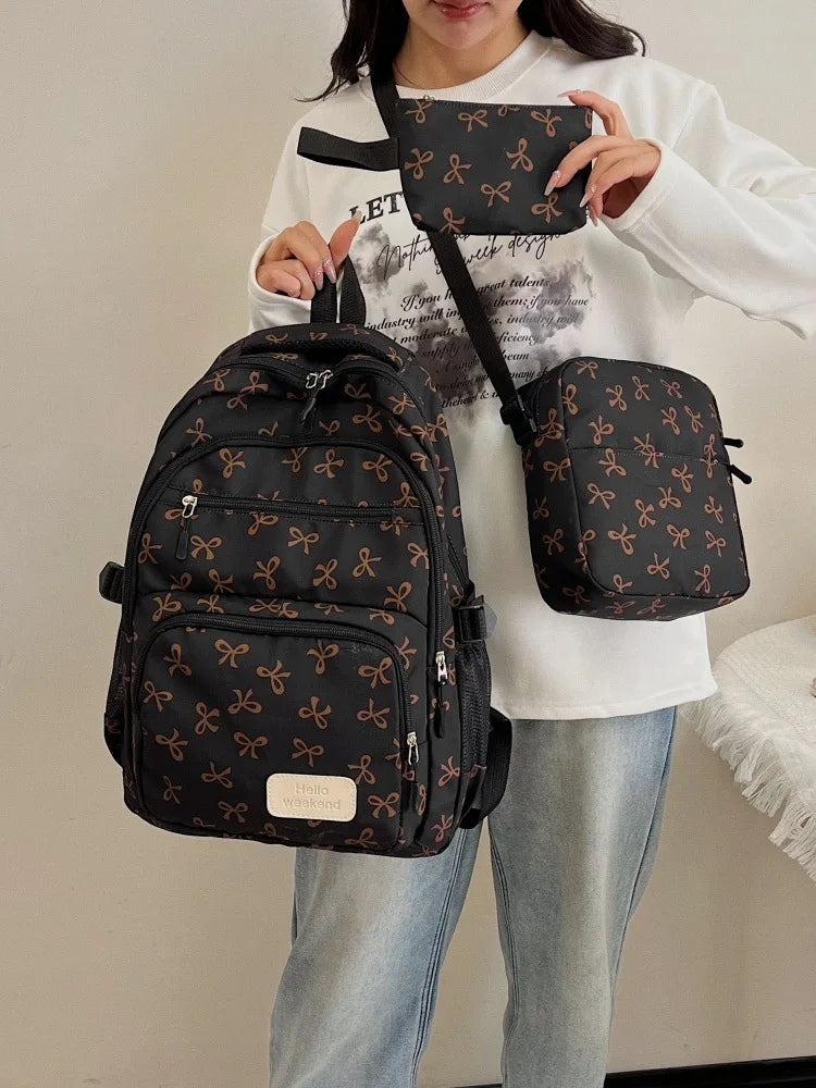 Juego de 3 Bolsas Escolares con Lazo, Mochila de Gran Capacidad, Mochila Casual de Viaje, Mochila Versátil, Bolsa Cruzada, Bolsas para Niñas