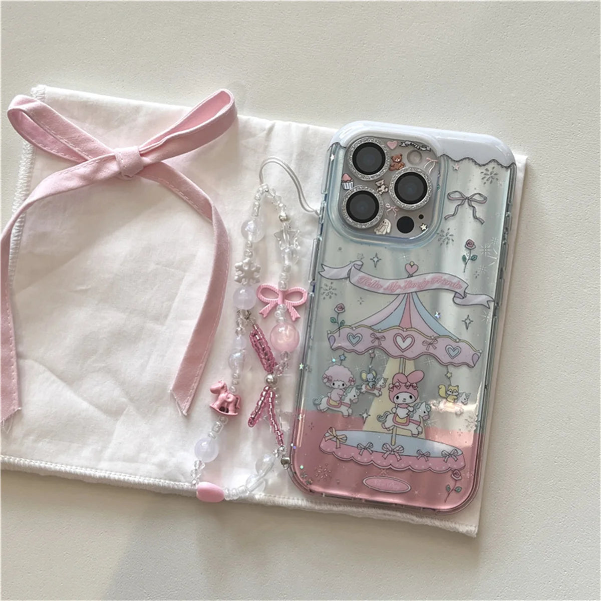 Funda de teléfono Kawaii carrusel Melody Bow para iPhone 16 Pro 15 14 Pro Max, funda con correa de cadena de mano, fundas bonitas a prueba de golpes