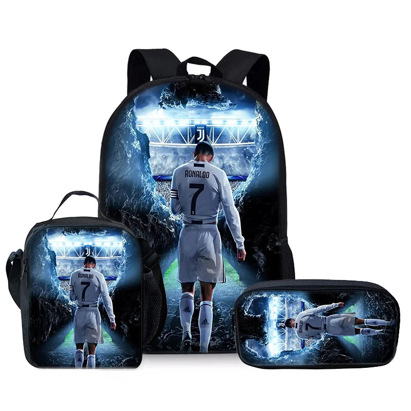Juego de tres piezas de jugador de fútbol CR7, mochilas para niños y niñas, los mejores regalos, mochila escolar de dibujos animados en 3D para niños