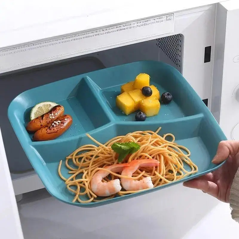 Plato de comedor cuadrado de tres rejillas de plástico, plato de desayuno para el hogar, plato de fideos y nueces, partición cuantitativa, plato de comida ligero