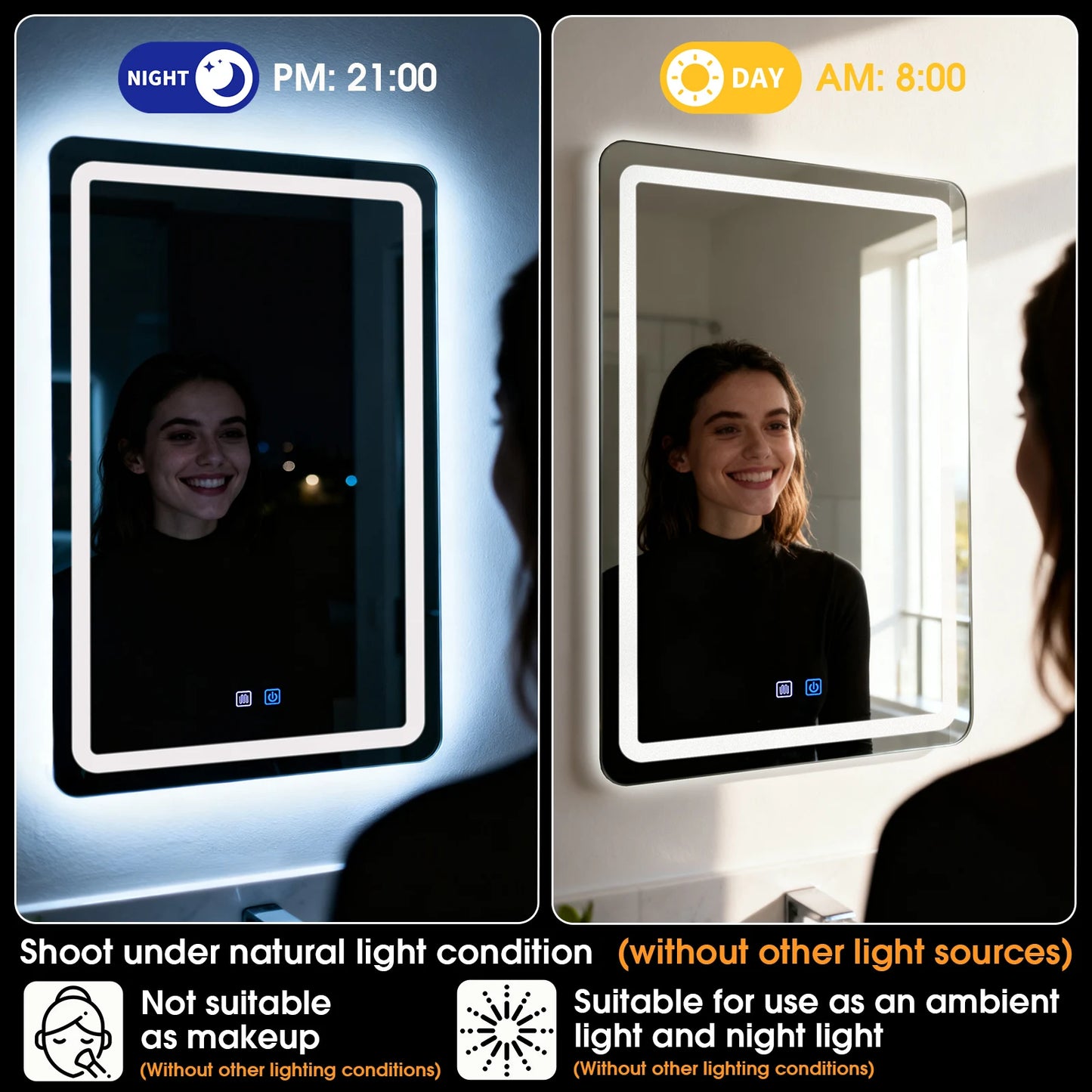 Espejo de Baño LED de 50x70cm con Luces Retroiluminadas, Espejo de Maquillaje Antivaho, Montado en la Pared con Desempañador