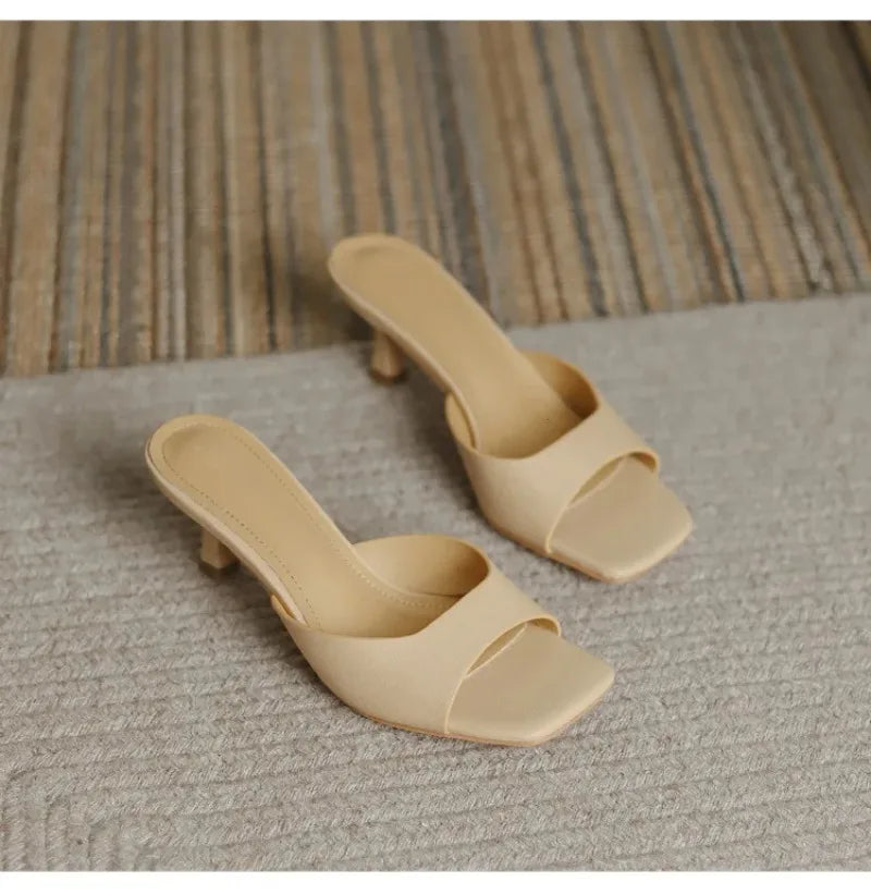 Pantuflas de Tacón Alto para Mujer, Pantuflas de Cuero Vacuno de Lujo, Pantuflas de Moda con Punta Cuadrada, Pantuflas de Tacón Alto con Punta Abierta para Verano