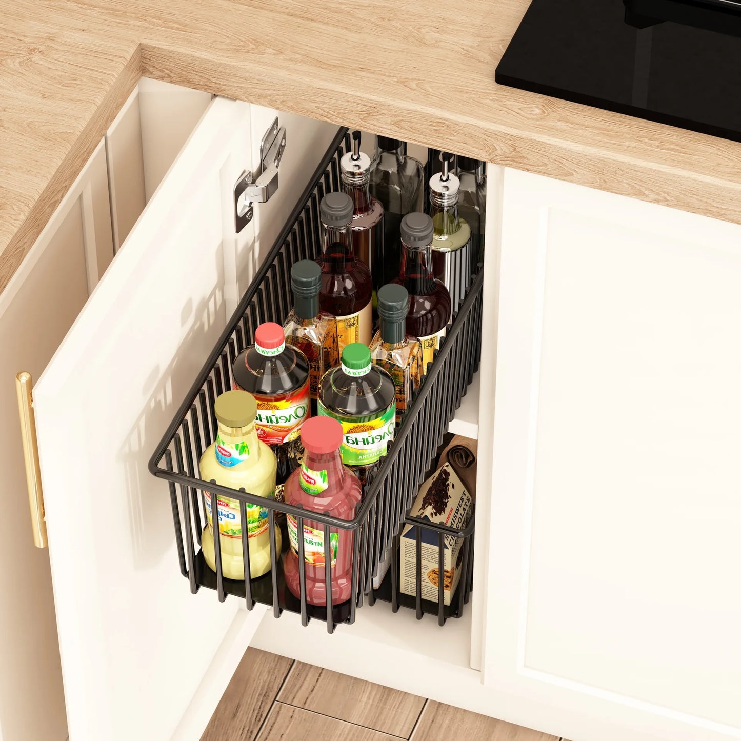 Organizador de gabinete extraíble de 2 piezas, cajones deslizantes de acero al carbono, estantes deslizantes para despensa, para organización de gabinetes de cocina.