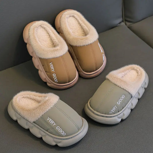 Zapatillas antideslizantes impermeables para niños, zapatos de casa de felpa cálidos para invierno para niños y niñas, uso doméstico en interiores y exteriores