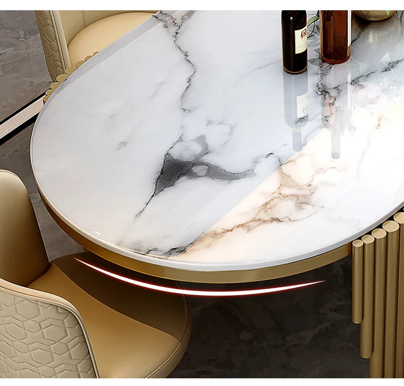 Juego de comedor de acero inoxidable, muebles para el hogar, mesa de comedor de mármol moderna