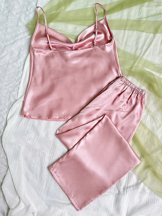 Conjunto de pijama de satén liso con cuello drapeado, Top camisola, pantalones con cintura elástica, ropa de dormir para mujer