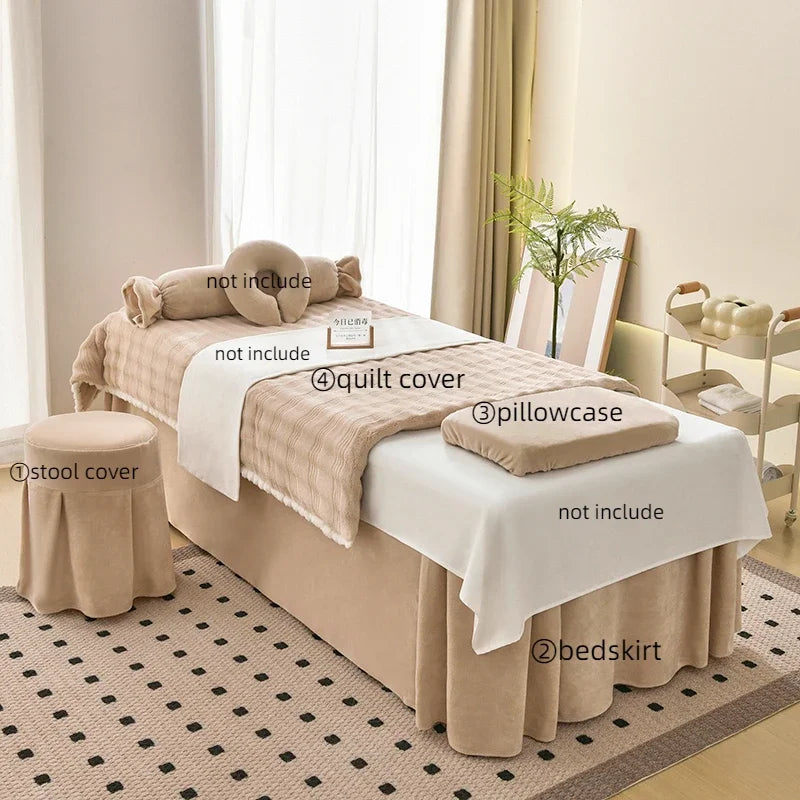 Juego de cama gruesa de terciopelo de leche para salón de belleza, falda de cama de Spa para masaje, funda de almohada, funda de taburete y funda nórdica, Sábana de salón para Club, 4 Uds.