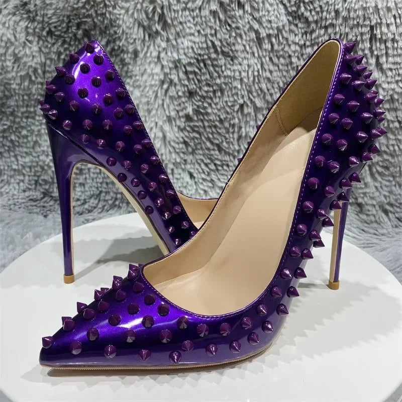 New Sexy Purple Inlaid Fashion High Heels Pink Rivet Professional Office Women's Shoes 12cm Large Temperament Single Shoes
