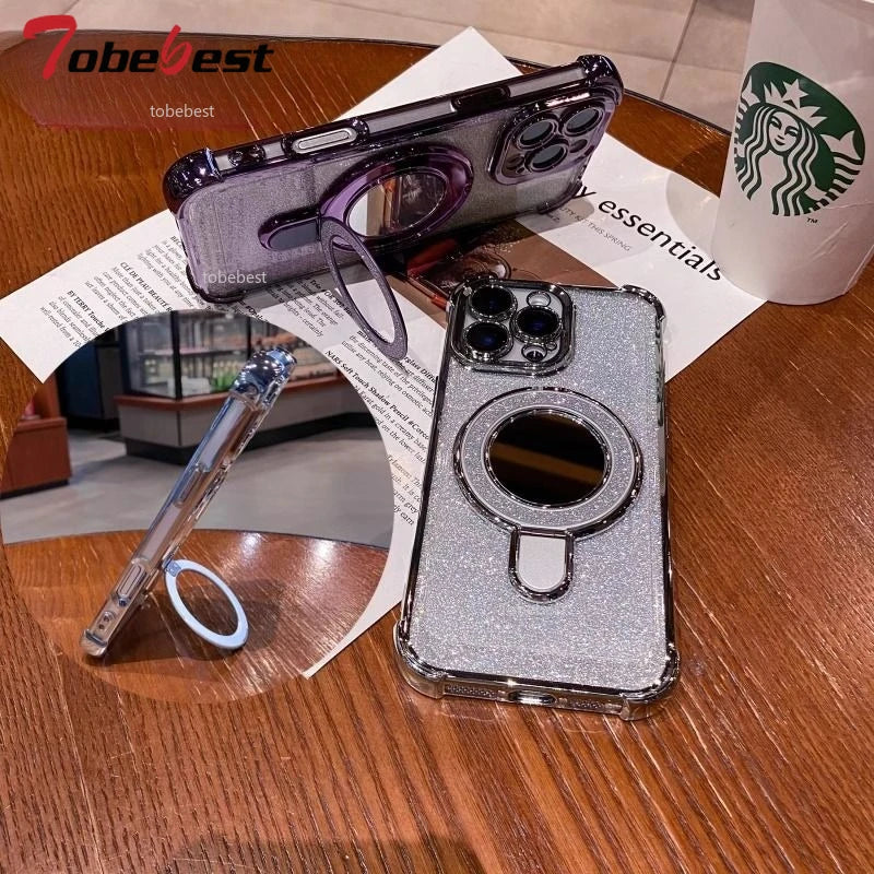 Para Huawei Honor Magic 7 Lite 6 5 4 3 Pro funda con brillo chapado espejo de maquillaje soporte magnético para teléfono funda de pulsera