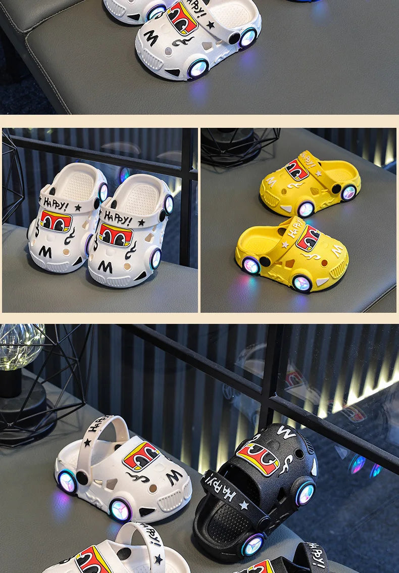 Pantuflas Infantiles Verano 2026, Nuevas Pantuflas de Playa para Niños con Forma de Auto, con Ruedas que se Iluminan, Antideslizantes y con Suela Suave