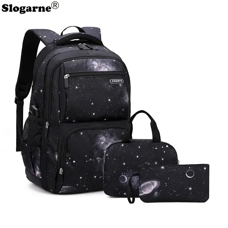 Nuevo conjunto de 3 uds de mochilas para niños, bolso escolar con patrón de cielo estrellado para estudiantes, bolso escolar impermeable con bolsa de almuerzo, estuche para lápices