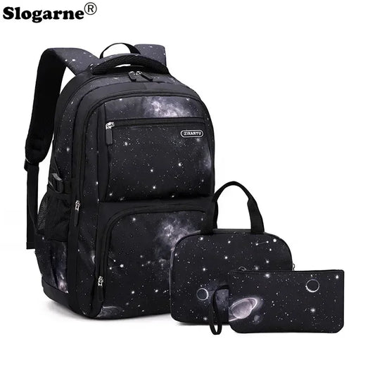Nuevo conjunto de 3 uds de mochilas para niños, bolso escolar con patrón de cielo estrellado para estudiantes, bolso escolar impermeable con bolsa de almuerzo, estuche para lápices