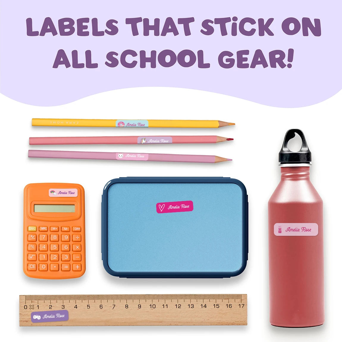 132 pegatinas de nombre personalizadas para niños, etiquetas de nombres impermeables personalizadas para botellas, loncheras, útiles escolares